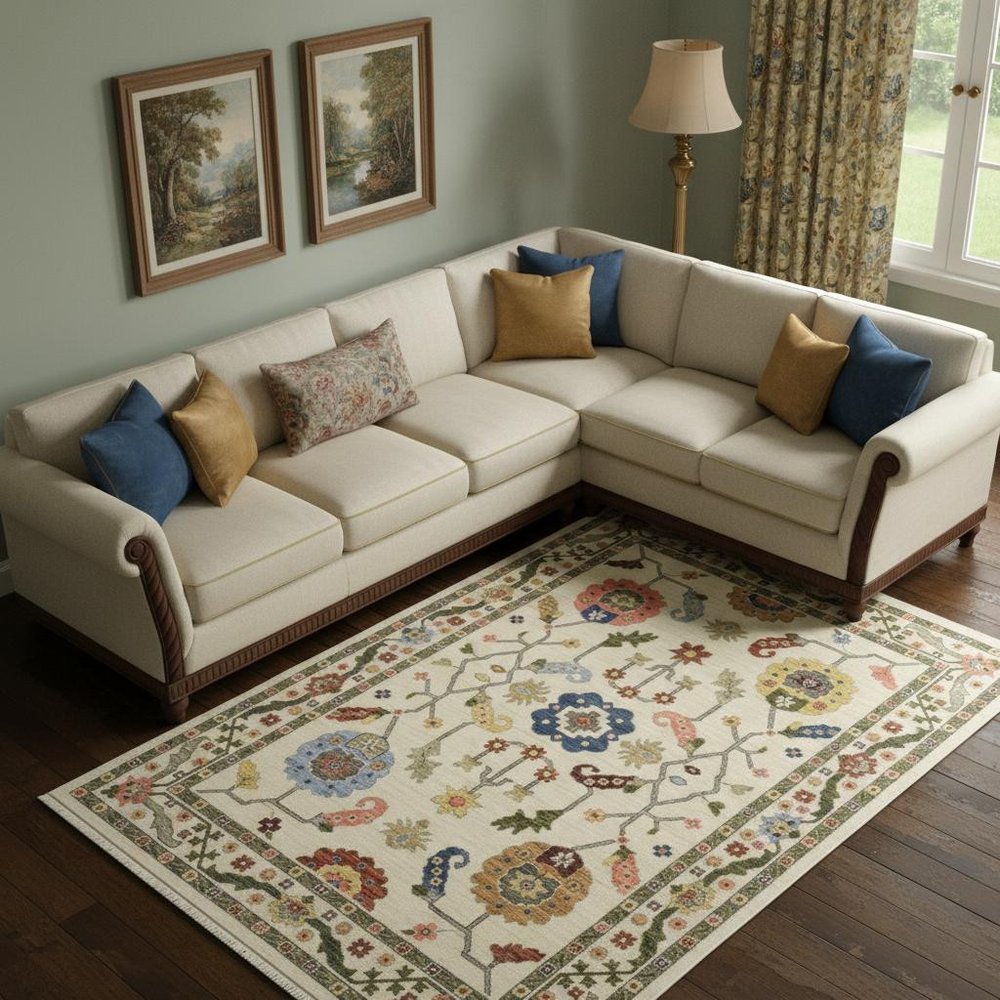10' X 13' Ivory Green Blues Pink Yellow Rust Brown Tan And Grey Oriental Power Loom Stain Resistant Area Rug With Fringe