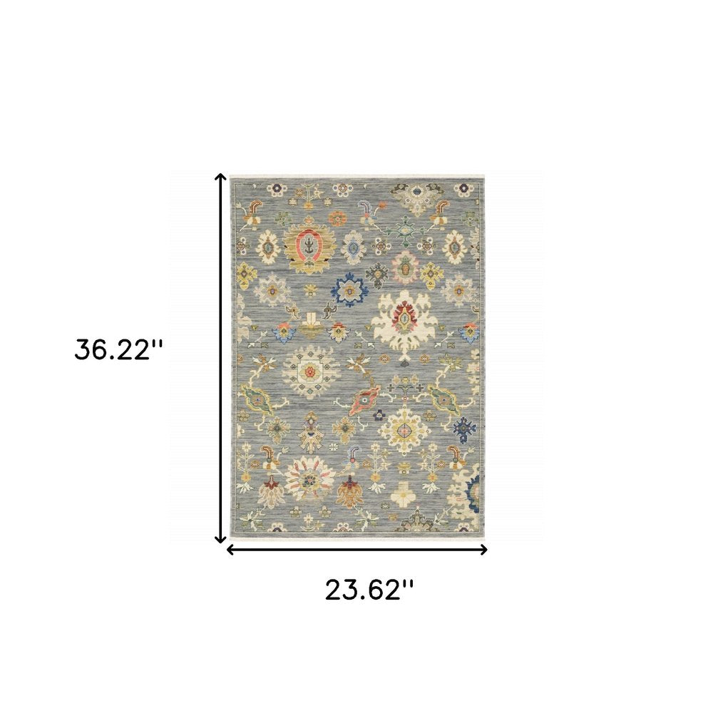 2' X 3' Grey Ivory Gold Salmon Red Blue And Green Oriental Power Loom Stain Resistant Area Rug With Fringe