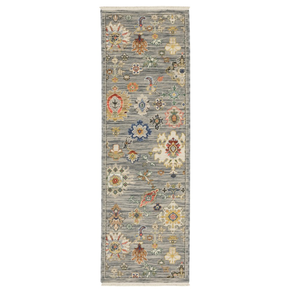 2' X 6' Grey Ivory Gold Salmon Red Blue And Green Oriental Power Loom Stain Resistant Runner Rug With Fringe