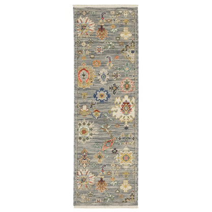 2' X 6' Grey Ivory Gold Salmon Red Blue And Green Oriental Power Loom Stain Resistant Runner Rug With Fringe