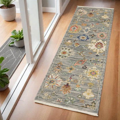 2' X 6' Grey Ivory Gold Salmon Red Blue And Green Oriental Power Loom Stain Resistant Runner Rug With Fringe