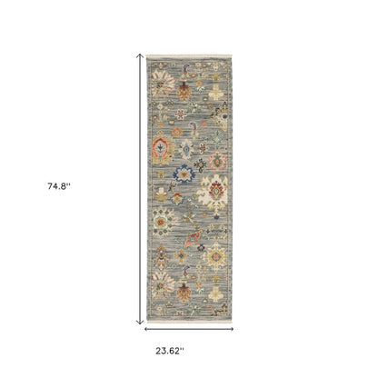 2' X 6' Grey Ivory Gold Salmon Red Blue And Green Oriental Power Loom Stain Resistant Runner Rug With Fringe