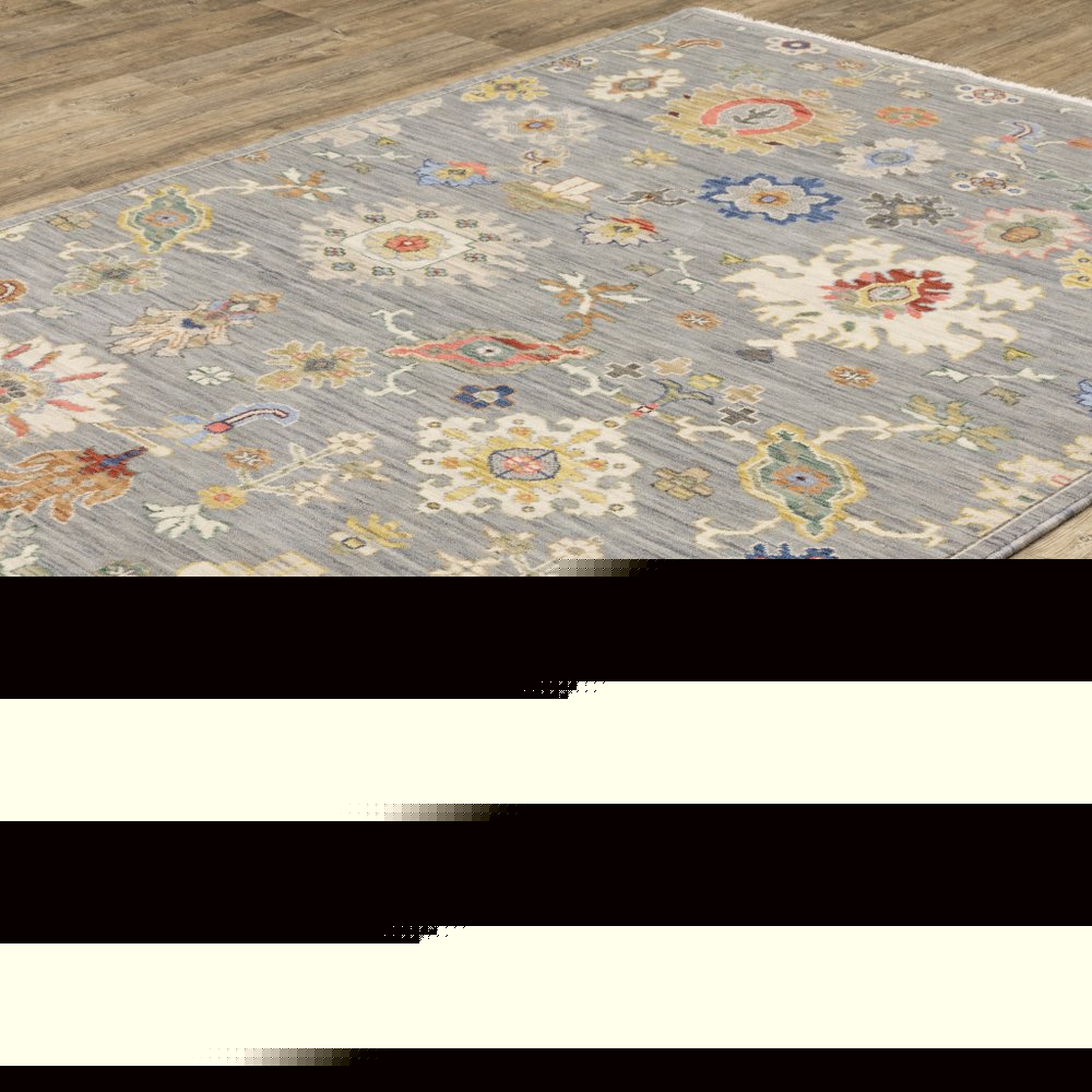 3' X 5' Grey Ivory Gold Salmon Red Blue And Green Oriental Power Loom Stain Resistant Area Rug With Fringe