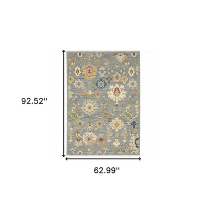 5' X 8' Gray Ivory And Blue Oriental Area Rug With Fringe