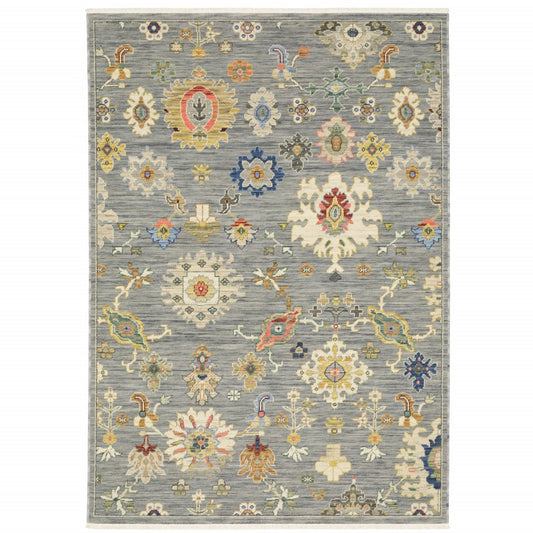 5' X 8' Gray Ivory And Blue Oriental Area Rug With Fringe