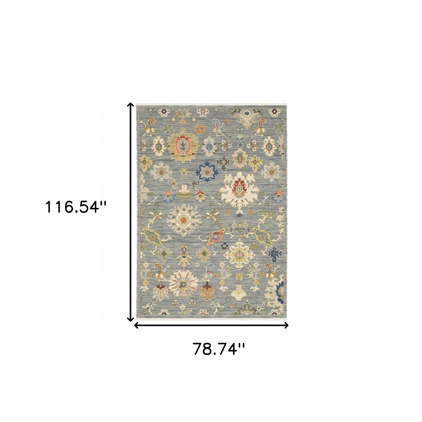 6' X 9' Grey Ivory Gold Salmon Red Blue And Green Oriental Power Loom Stain Resistant Area Rug With Fringe