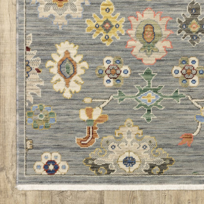 7' X 10' Gray Ivory And Blue Oriental Area Rug With Fringe