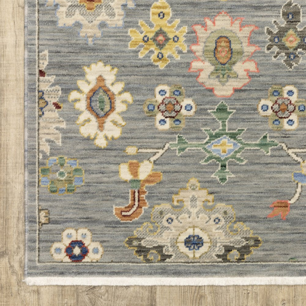 7' X 10' Gray Ivory And Blue Oriental Area Rug With Fringe