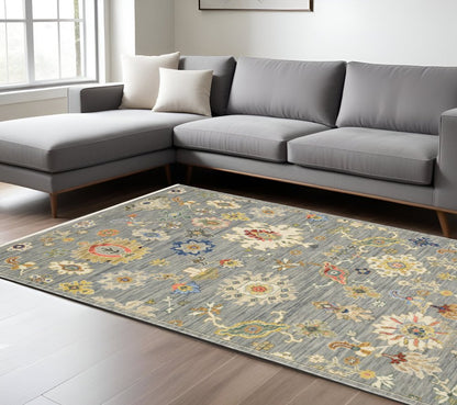 8' X 11' Gray Ivory And Blue Oriental Area Rug With Fringe