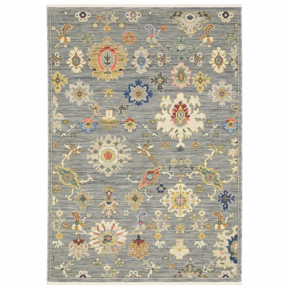 8' X 11' Gray Ivory And Blue Oriental Area Rug With Fringe