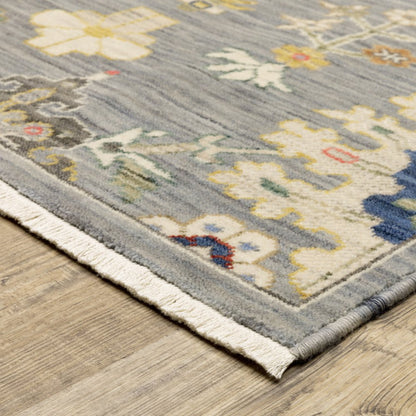8' X 11' Gray Ivory And Blue Oriental Area Rug With Fringe