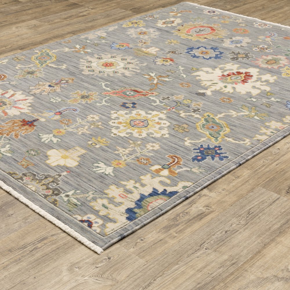 8' X 11' Gray Ivory And Blue Oriental Area Rug With Fringe