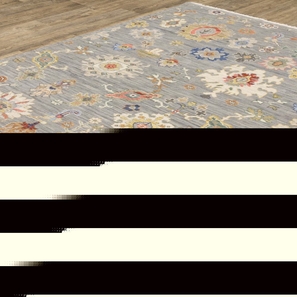8' X 11' Gray Ivory And Blue Oriental Area Rug With Fringe