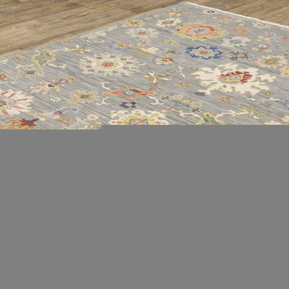 8' X 11' Gray Ivory And Blue Oriental Area Rug With Fringe