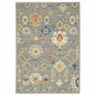 10' X 13' Grey Ivory Gold Salmon Red Blue And Green Oriental Power Loom Stain Resistant Area Rug With Fringe