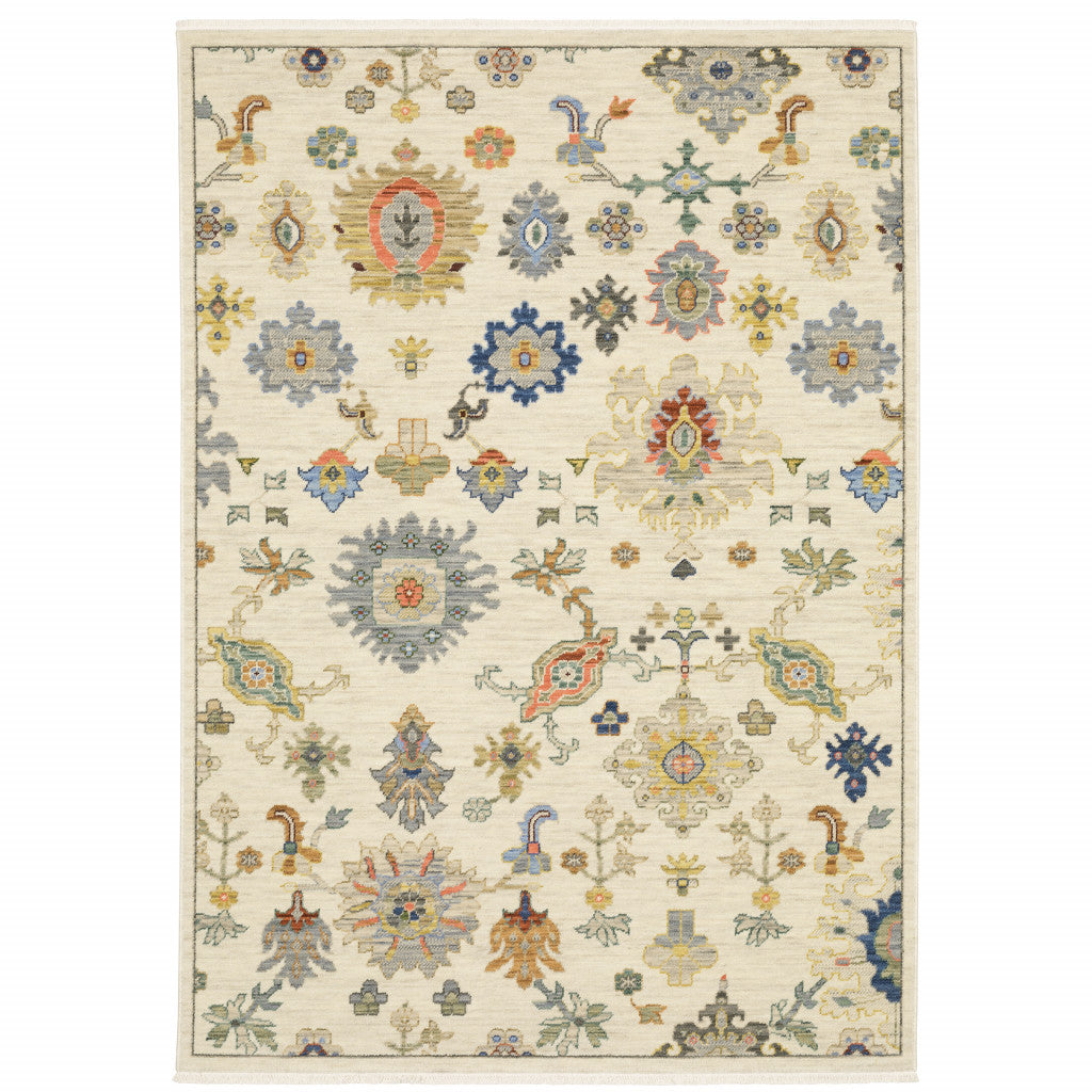 2' X 3' Ivory Beige Gold Grey Blue Pink Red Rust And Green Oriental Power Loom Stain Resistant Area Rug With Fringe