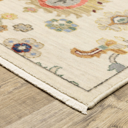 3' X 5' Ivory Beige Gold Grey Blue Pink Red Rust And Green Oriental Power Loom Stain Resistant Area Rug With Fringe