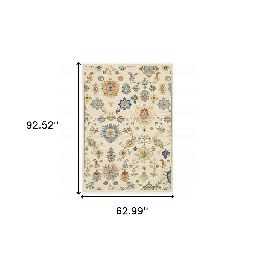5' X 8' Ivory Beige And Blue Oriental Area Rug With Fringe