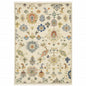 5' X 8' Ivory Beige And Blue Oriental Area Rug With Fringe