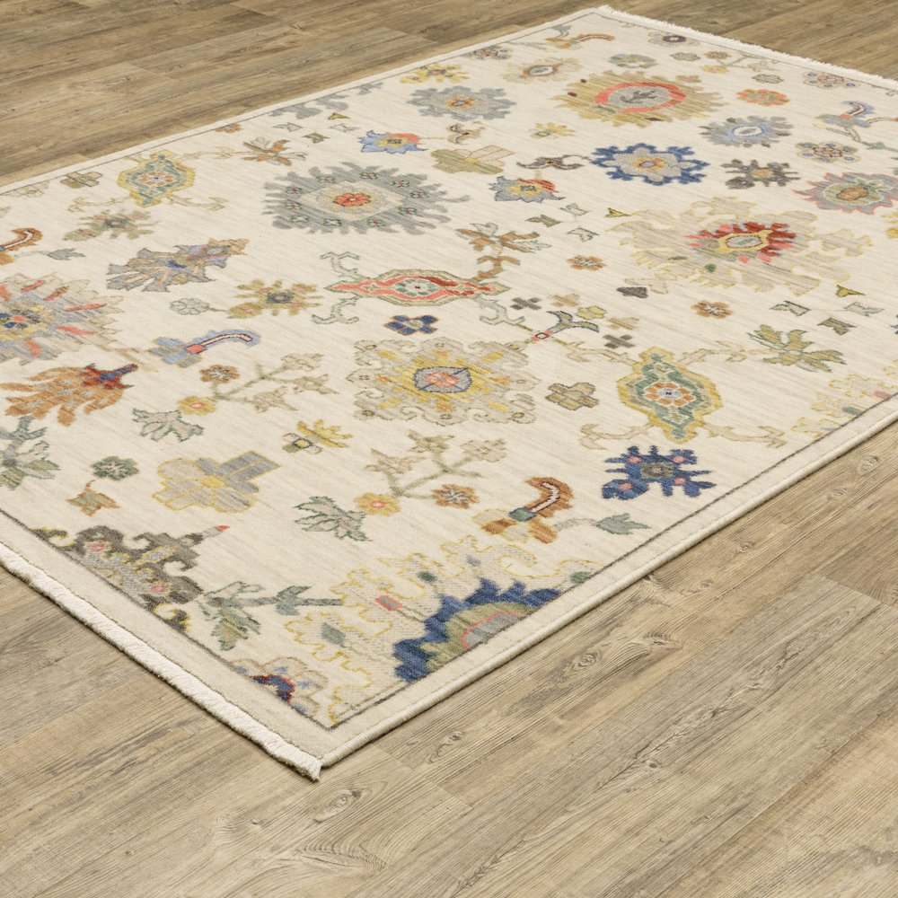 5' X 8' Ivory Beige And Blue Oriental Area Rug With Fringe
