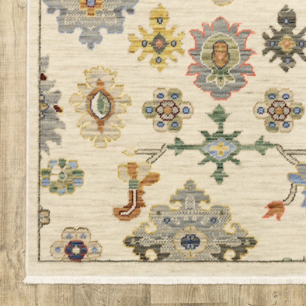5' X 8' Ivory Beige And Blue Oriental Area Rug With Fringe