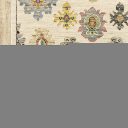 5' X 8' Ivory Beige And Blue Oriental Area Rug With Fringe