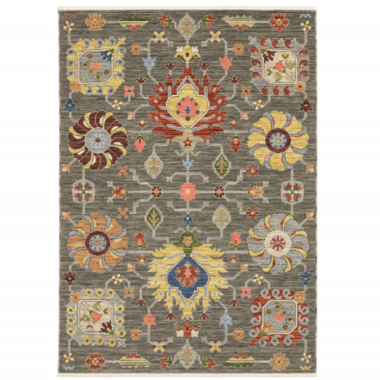 2' X 3' Grey Charcoal Yellow Blue Rust Red Pink Green And Ivory Oriental Power Loom Stain Resistant Area Rug With Fringe