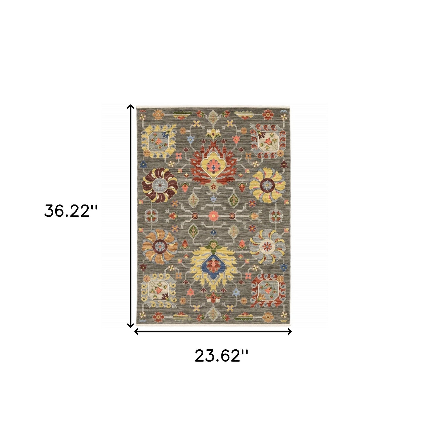 2' X 3' Grey Charcoal Yellow Blue Rust Red Pink Green And Ivory Oriental Power Loom Stain Resistant Area Rug With Fringe