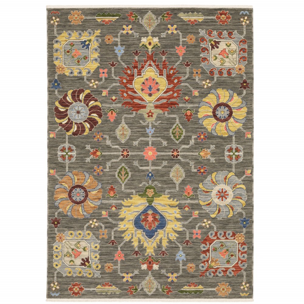2' X 3' Grey Charcoal Yellow Blue Rust Red Pink Green And Ivory Oriental Power Loom Stain Resistant Area Rug With Fringe