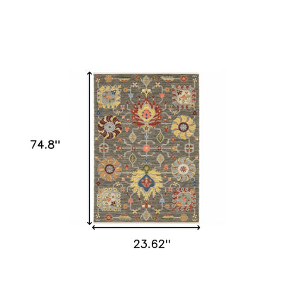 2' X 6' Grey Charcoal Yellow Blue Rust Red Pink Green And Ivory Oriental Power Loom Stain Resistant Runner Rug With Fringe