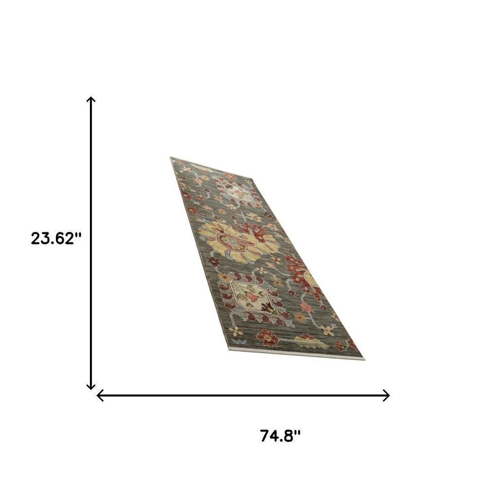 2' X 6' Grey Charcoal Yellow Blue Rust Red Pink Green And Ivory Oriental Power Loom Stain Resistant Runner Rug With Fringe