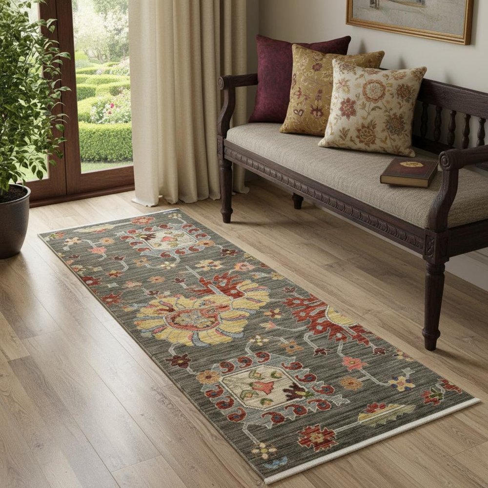 2' X 6' Grey Charcoal Yellow Blue Rust Red Pink Green And Ivory Oriental Power Loom Stain Resistant Runner Rug With Fringe