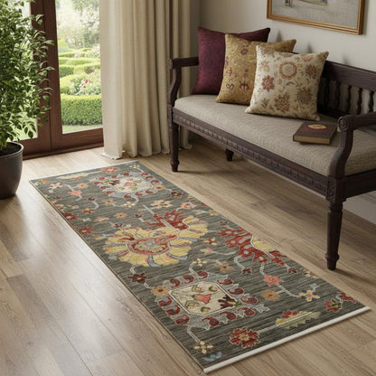 2' X 6' Grey Charcoal Yellow Blue Rust Red Pink Green And Ivory Oriental Power Loom Stain Resistant Runner Rug With Fringe
