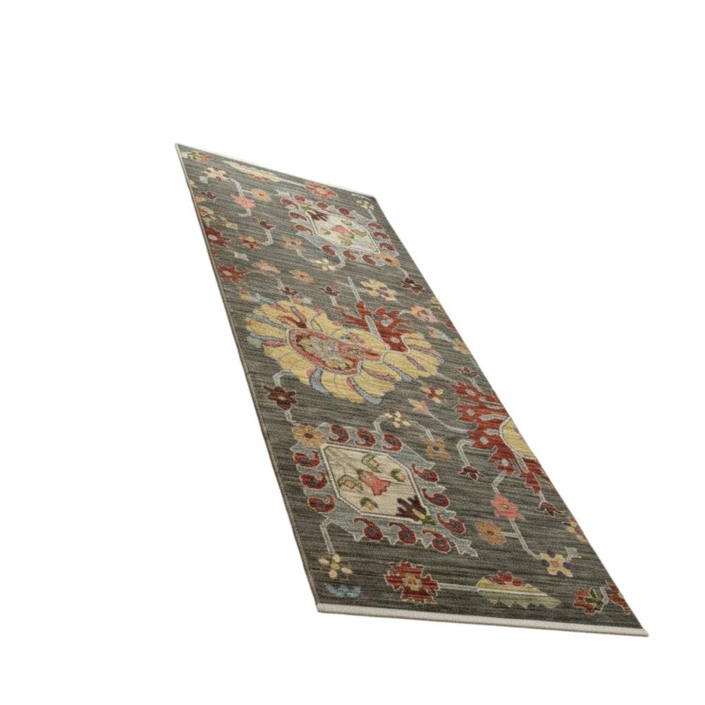 2' X 6' Grey Charcoal Yellow Blue Rust Red Pink Green And Ivory Oriental Power Loom Stain Resistant Runner Rug With Fringe
