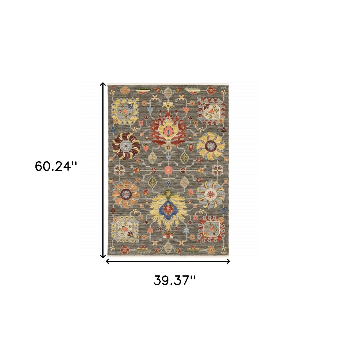 3' X 5' Grey Charcoal Yellow Blue Rust Red Pink Green And Ivory Oriental Power Loom Stain Resistant Area Rug With Fringe