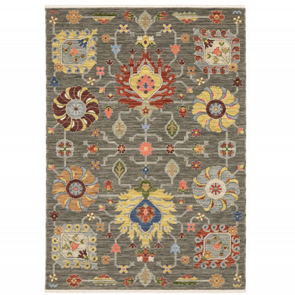 5' X 8' Gray Ivory And Red Oriental Area Rug With Fringe