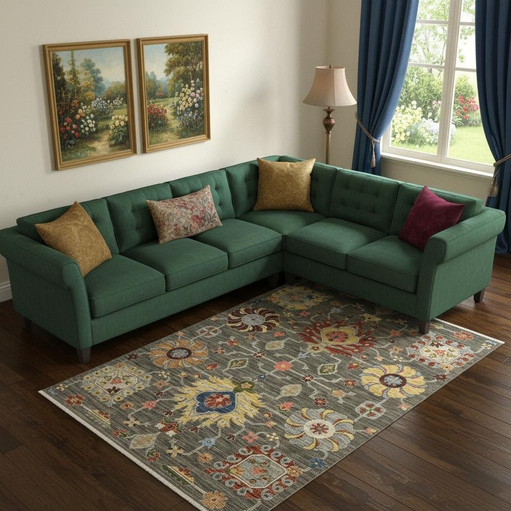 6' X 9' Grey Charcoal Yellow Blue Rust Red Pink Green And Ivory Oriental Power Loom Stain Resistant Area Rug With Fringe