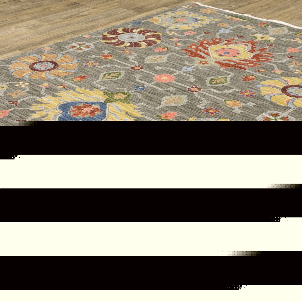 8' X 11' Grey Charcoal Yellow Blue Rust Red Pink Green And Ivory Oriental Power Loom Stain Resistant Area Rug With Fringe