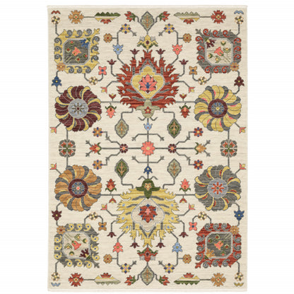 2' X 3' Ivory Yellow Rust Green Grey Pink Orange Blue And Grey Oriental Power Loom Stain Resistant Area Rug With Fringe