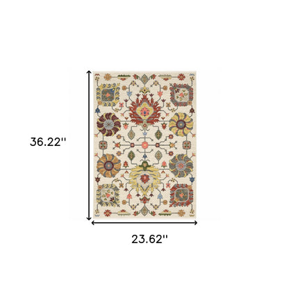 2' X 3' Ivory Yellow Rust Green Grey Pink Orange Blue And Grey Oriental Power Loom Stain Resistant Area Rug With Fringe