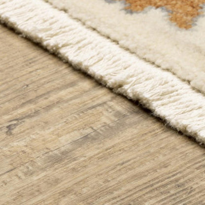 2' X 6' Ivory Yellow Rust Green Grey Pink Orange Blue And Grey Oriental Power Loom Stain Resistant Runner Rug With Fringe