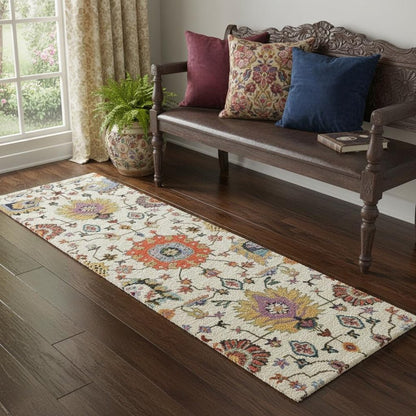 2' X 6' Ivory Yellow Rust Green Grey Pink Orange Blue And Grey Oriental Power Loom Stain Resistant Runner Rug With Fringe