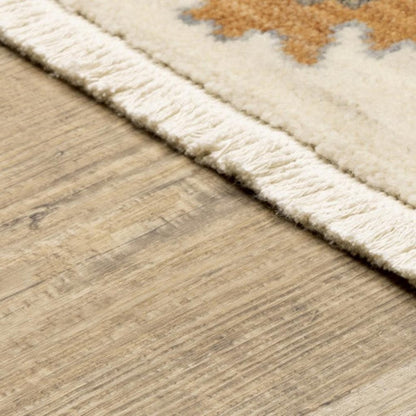 2' X 6' Ivory Yellow Rust Green Grey Pink Orange Blue And Grey Oriental Power Loom Stain Resistant Runner Rug With Fringe