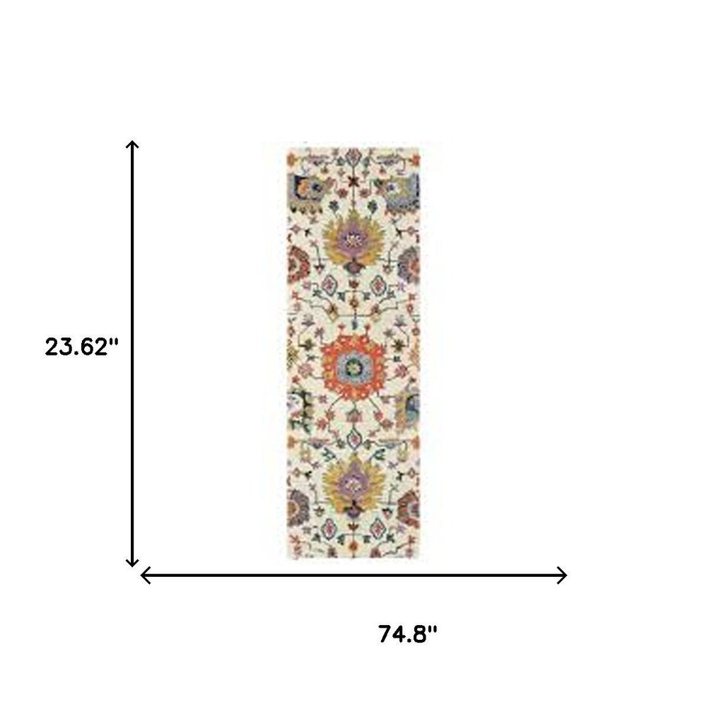 2' X 6' Ivory Yellow Rust Green Grey Pink Orange Blue And Grey Oriental Power Loom Stain Resistant Runner Rug With Fringe