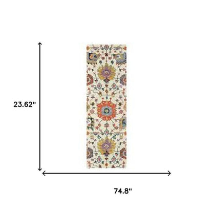 2' X 6' Ivory Yellow Rust Green Grey Pink Orange Blue And Grey Oriental Power Loom Stain Resistant Runner Rug With Fringe