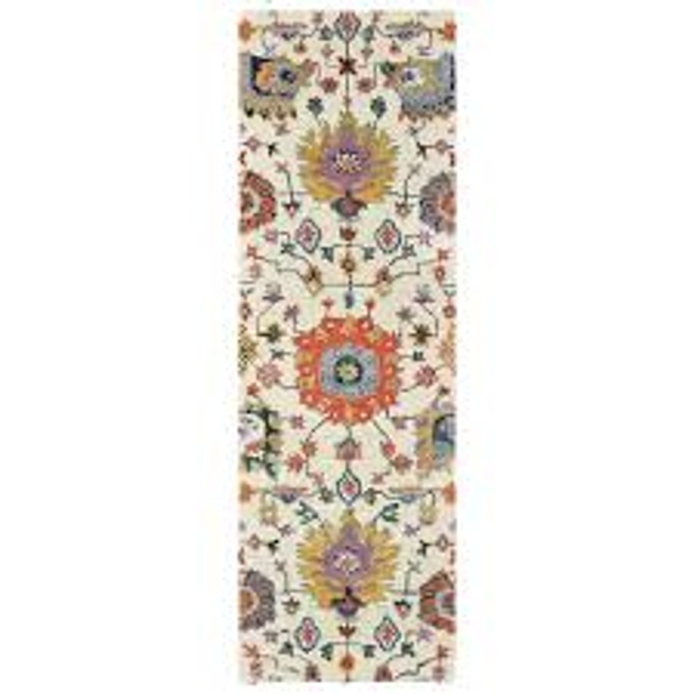2' X 6' Ivory Yellow Rust Green Grey Pink Orange Blue And Grey Oriental Power Loom Stain Resistant Runner Rug With Fringe