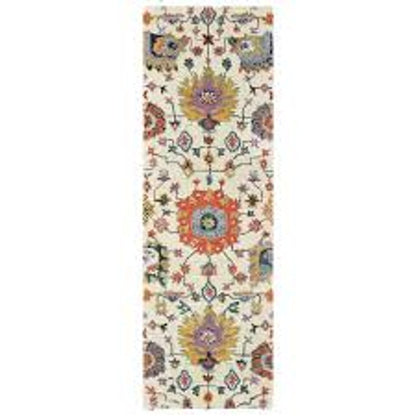 2' X 6' Ivory Yellow Rust Green Grey Pink Orange Blue And Grey Oriental Power Loom Stain Resistant Runner Rug With Fringe