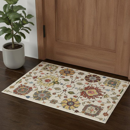 3' X 5' Ivory Yellow Rust Green Grey Pink Orange Blue And Grey Oriental Power Loom Stain Resistant Area Rug With Fringe
