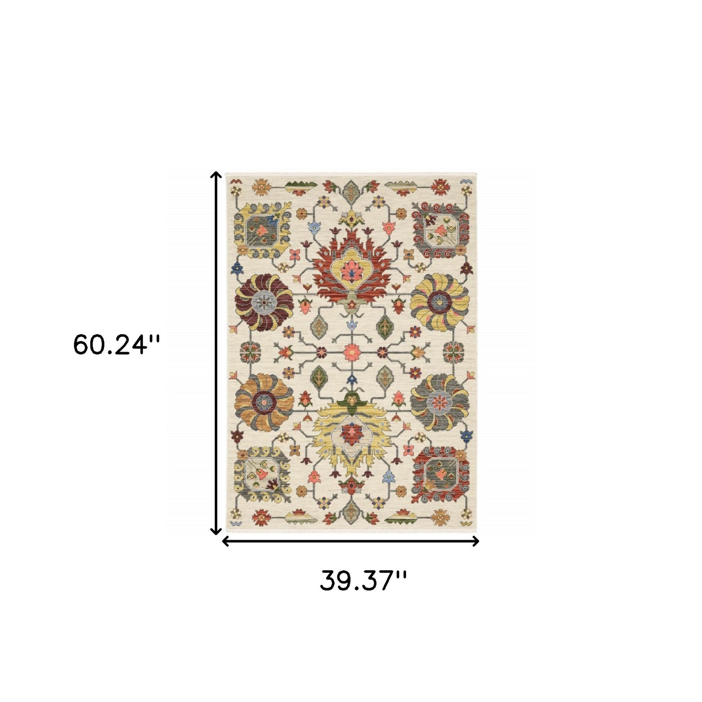 3' X 5' Ivory Yellow Rust Green Grey Pink Orange Blue And Grey Oriental Power Loom Stain Resistant Area Rug With Fringe