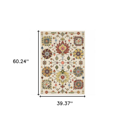 3' X 5' Ivory Yellow Rust Green Grey Pink Orange Blue And Grey Oriental Power Loom Stain Resistant Area Rug With Fringe